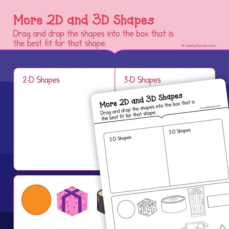 More 2D and 3D Shapes — math worksheet for Grade K, page 1 of 3