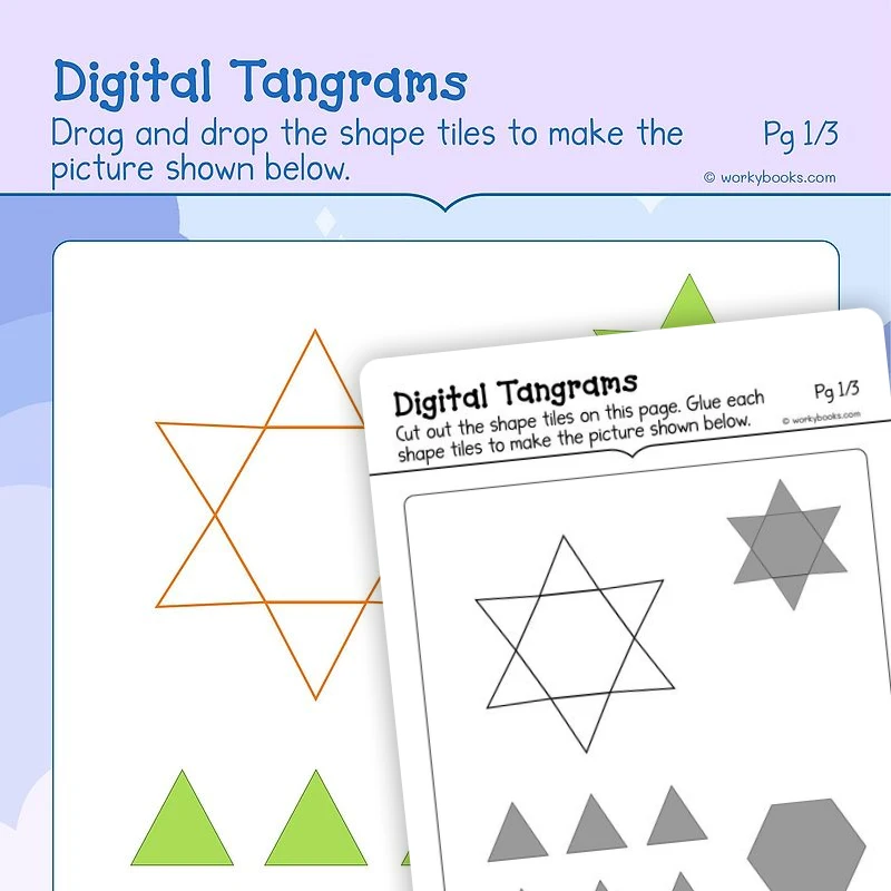 Tangrams — math worksheet for Grade K, page 1 of 3