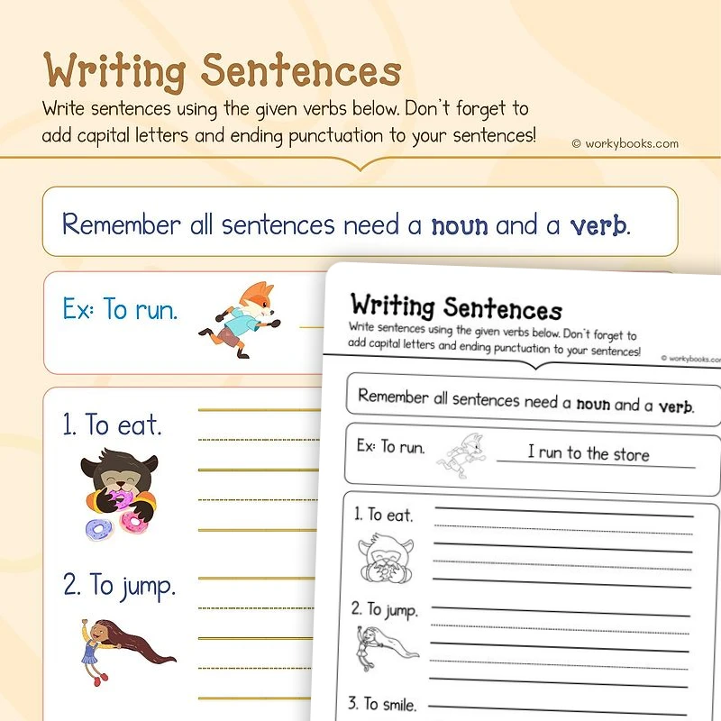 Writing Sentences with Verbs — ela worksheet for Grade K, page 1 of 3