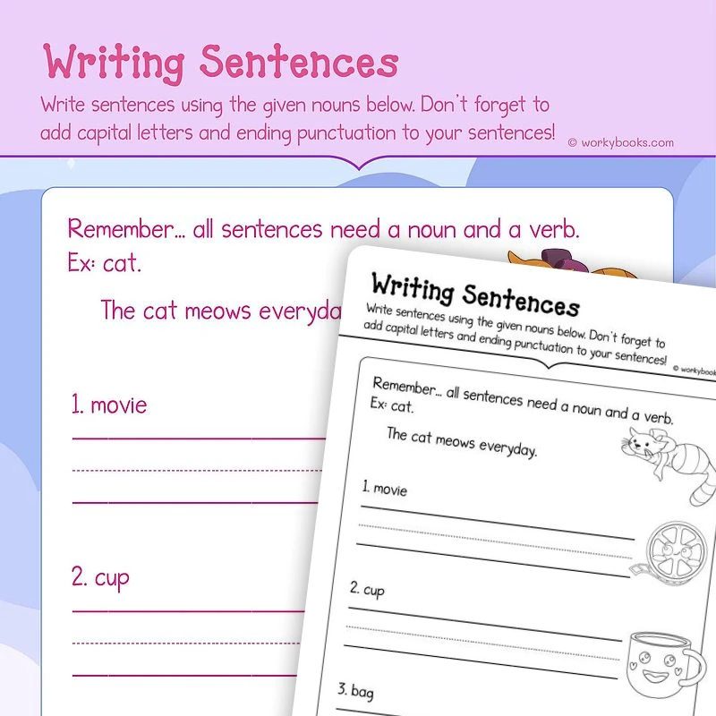 Writing Sentences with Nouns — ela worksheet for Grade K, page 1 of 3