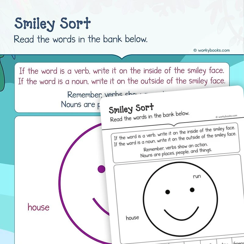 Smiley Sort — ela worksheet for Grade K, page 1 of 3