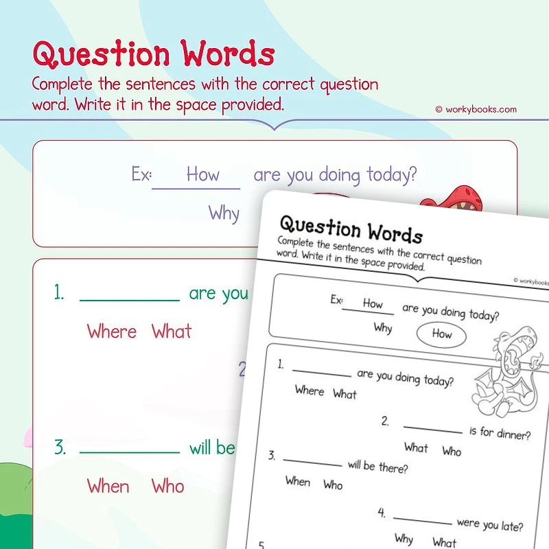 Write the Question Word — ela worksheet for Grade K, page 1 of 3