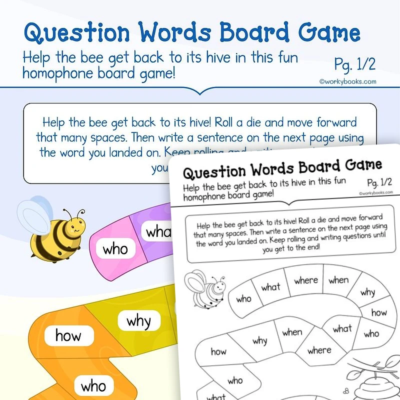 Question Words Board Game — ela worksheet for Grade K, page 1 of 3