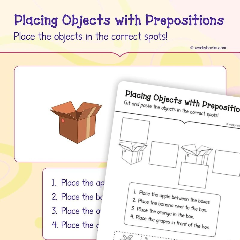 Placing Objects with Prepositions — ela worksheet for Grade K, page 1 of 3