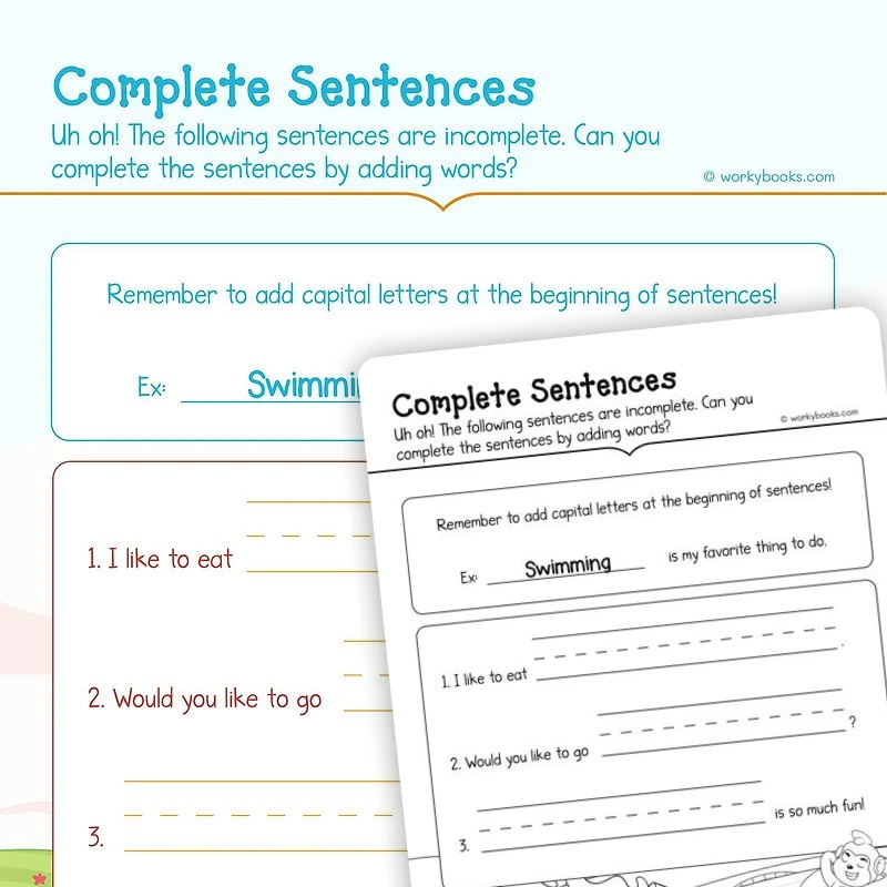 Complete Sentences — ela worksheet for Grade K, page 1 of 3