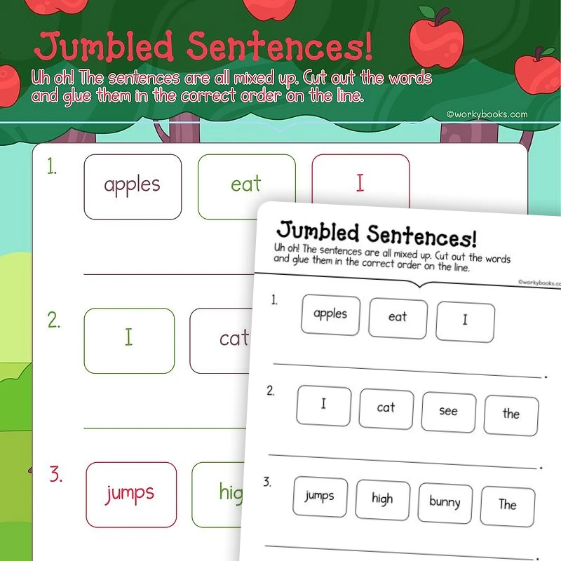 Jumbled Sentences! — ela worksheet for Grade K, page 1 of 3