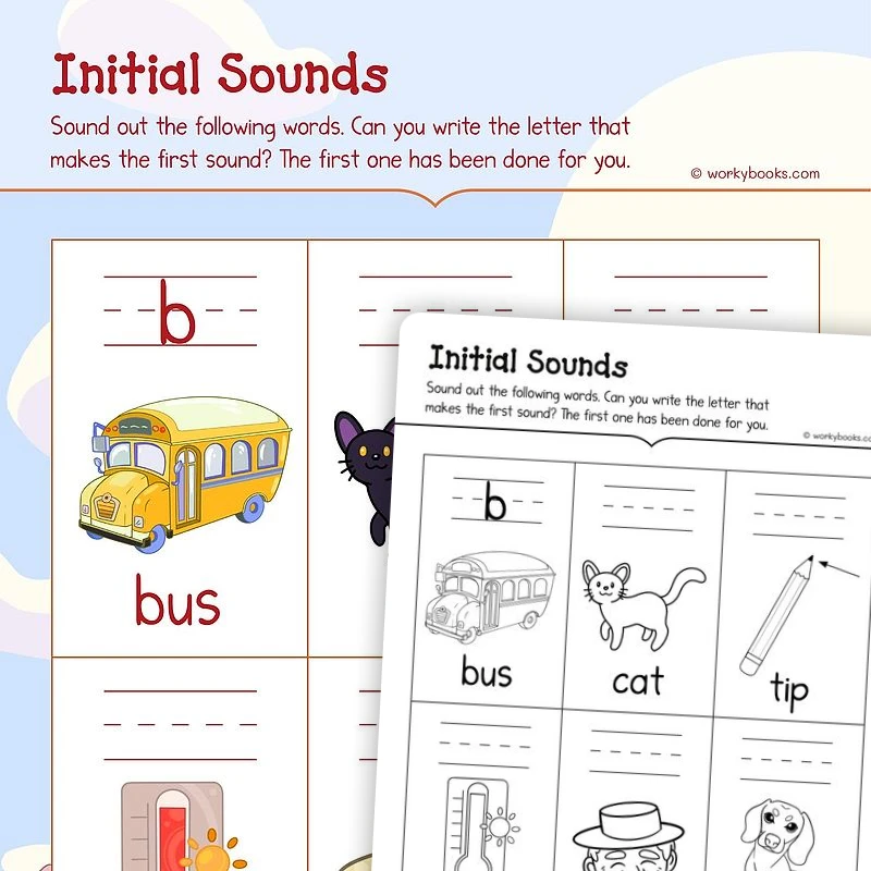 Initial Sounds — ela worksheet for Grade K, page 1 of 3