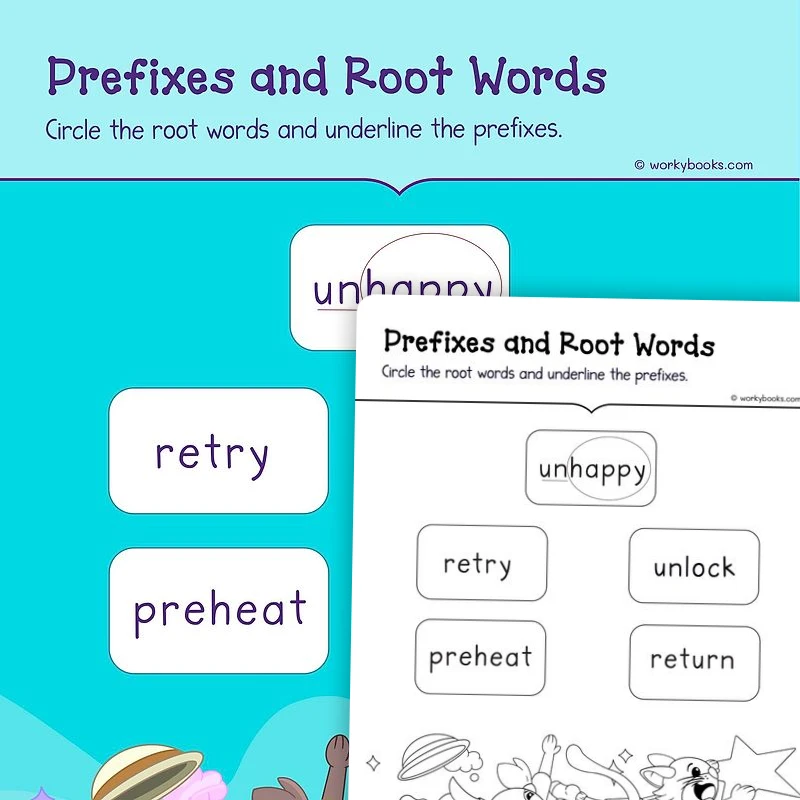 Prefixes and Root Words — ela worksheet for Grade K, page 1 of 3