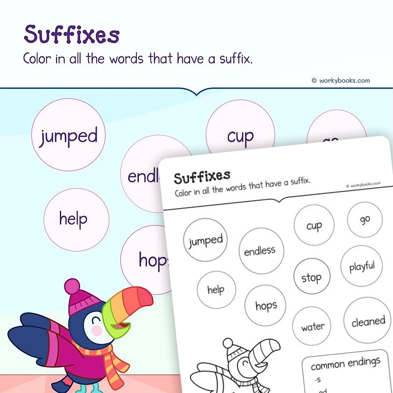 Frequently Occurring Suffix — ela worksheet for Grade K, page 1 of 3