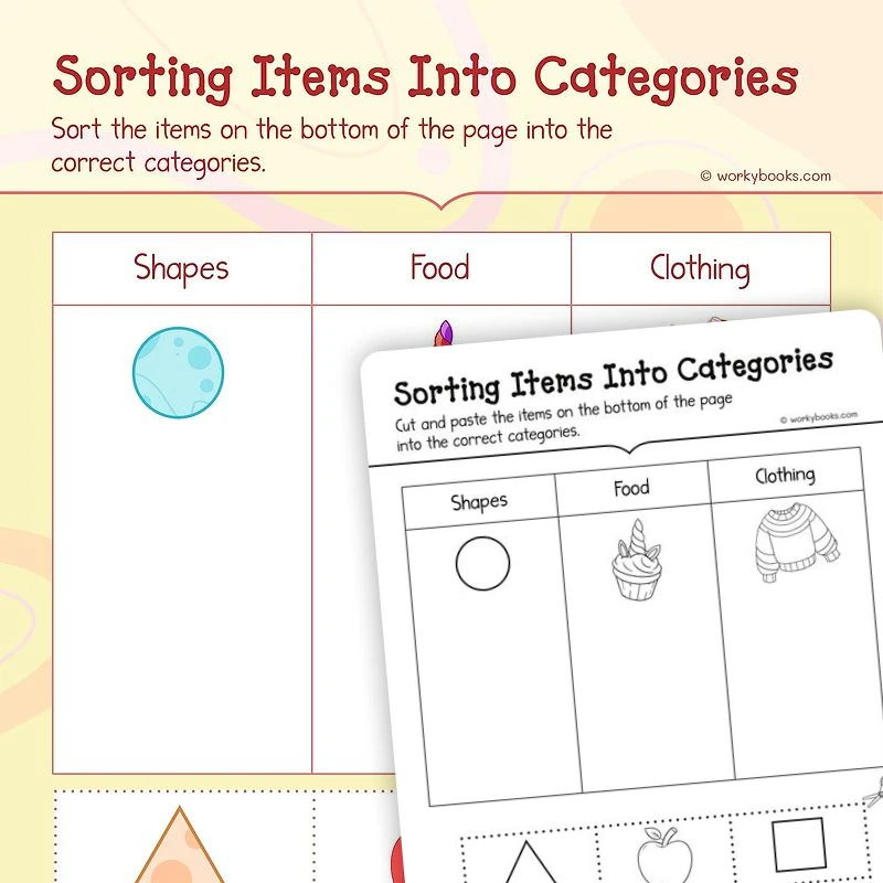 Sorting Items Into Categories — ela worksheet for Grade K, page 1 of 3