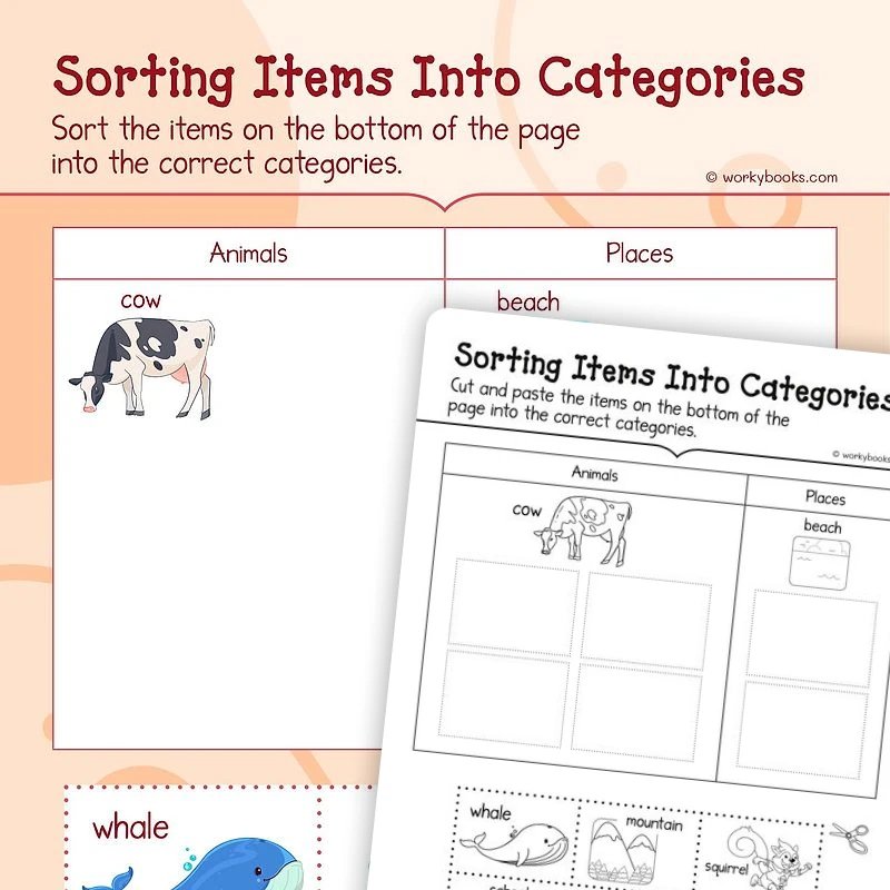 Category Sorting — ela worksheet for Grade K, page 1 of 3