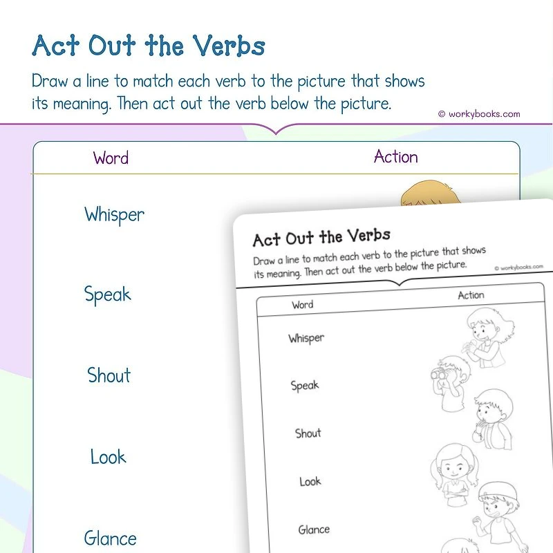 Act Out the Verbs — ela worksheet for Grade K, page 1 of 3