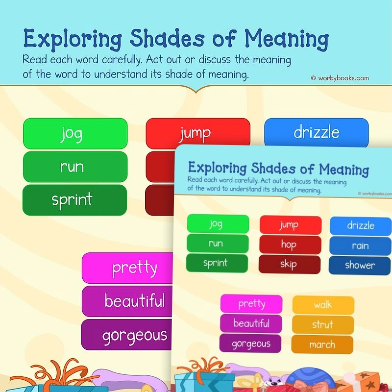 Exploring Shades of Meaning — ela worksheet for Grade K, page 1 of 3