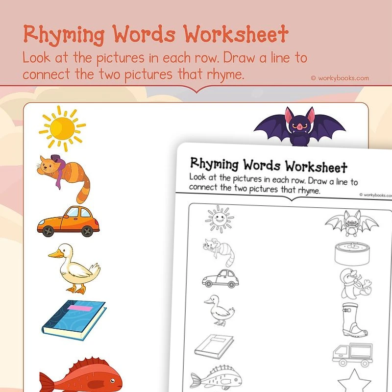Rhyming Match—Up — ela worksheet for Grade K, page 1 of 3