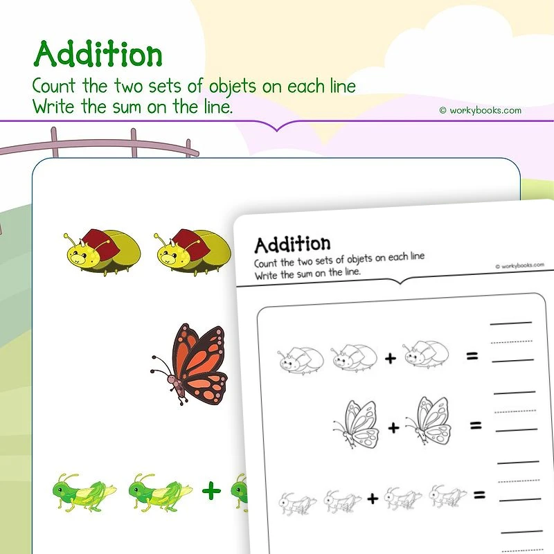 Addition — math worksheet for Grade K, page 1 of 3