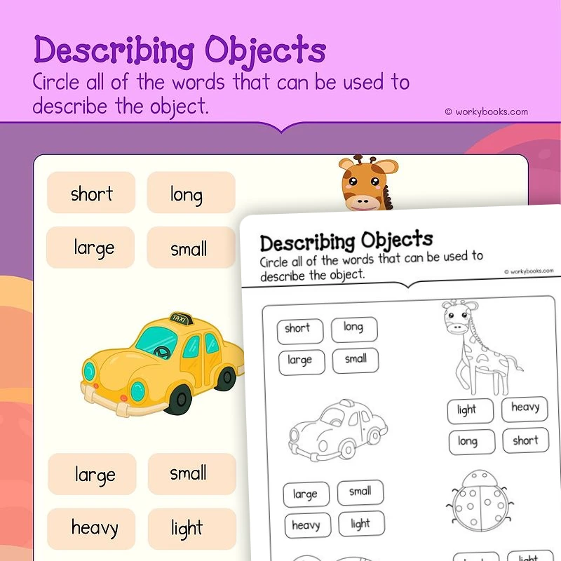 Describing Objects in Maths — math worksheet for Grade K, page 1 of 3