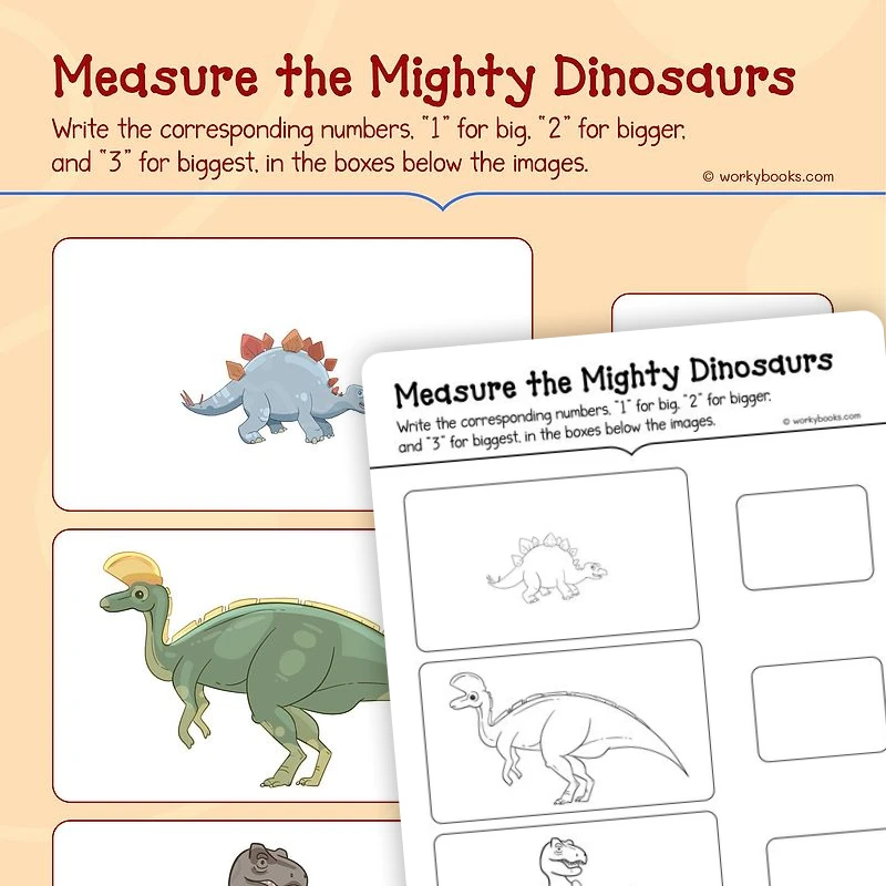 Measure the Mighty Dinosaurs — math worksheet for Grade K, page 1 of 3