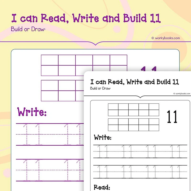Read, Write and Build 11 — math worksheet for Grade K, page 1 of 3