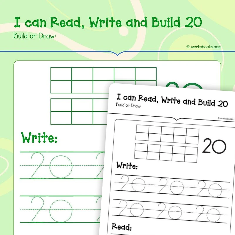 Read, Write and Build 20 — math worksheet for Grade K, page 1 of 3