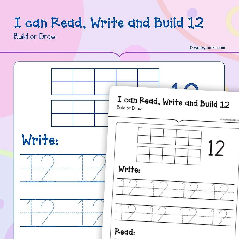Read, Write and Build 12 — math worksheet for Grade K, page 1 of 3