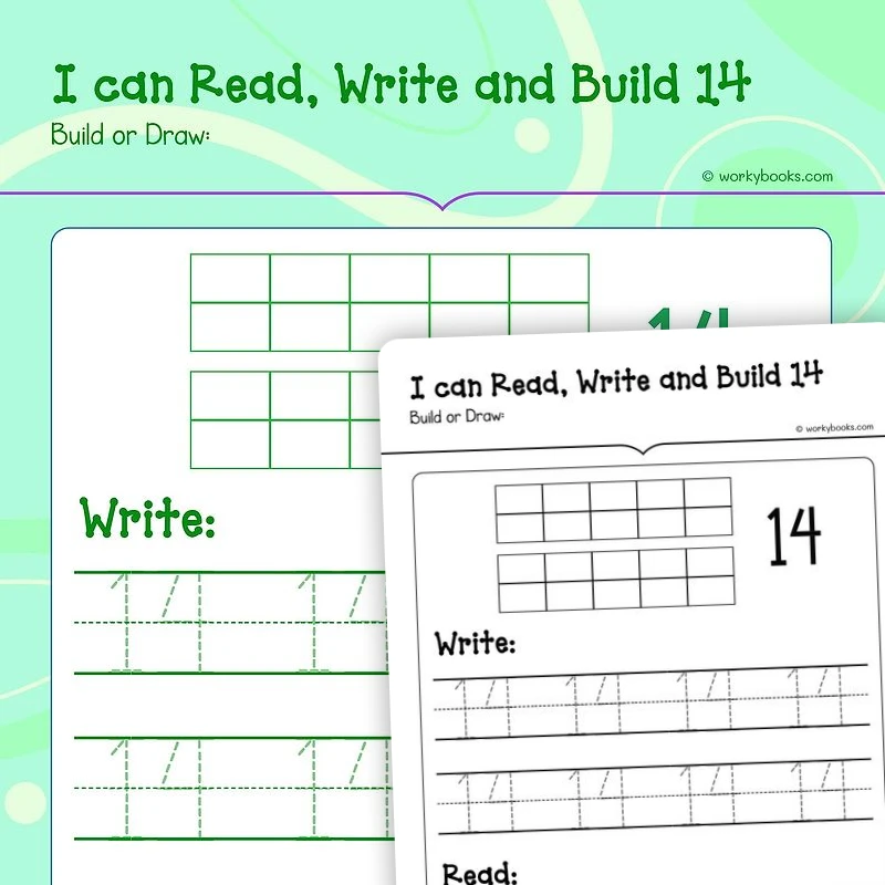 Read, Write and Build 14 — math worksheet for Grade K, page 1 of 3