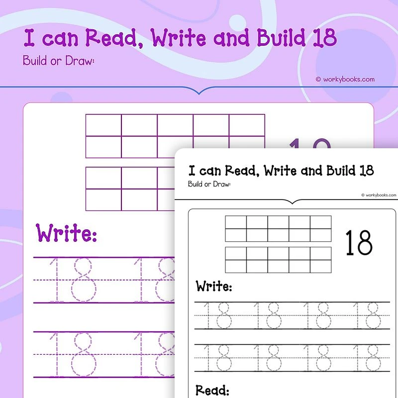 Read, Write and Build 18 — math worksheet for Grade K, page 1 of 3