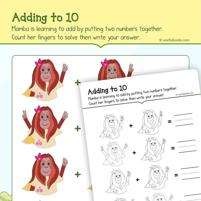 Adding to 10 — math worksheet for Grade K, page 1 of 3