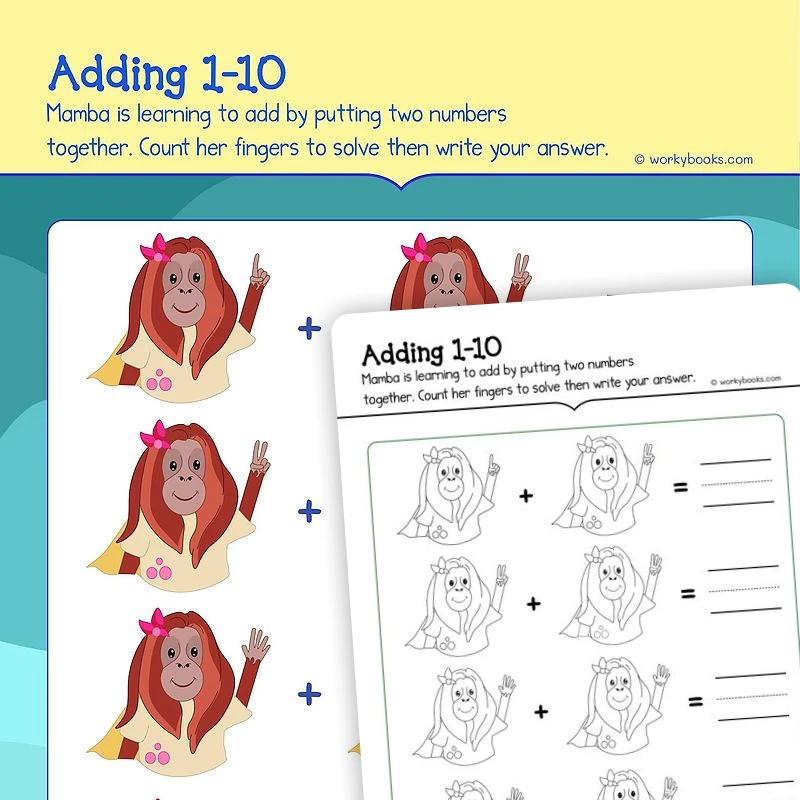 Adding 1— 10 — math worksheet for Grade K, page 1 of 3