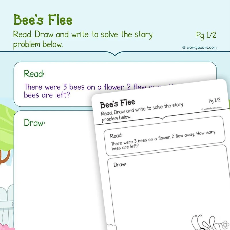 Bees—Subtraction Word Problem — math worksheet for Grade K, page 1 of 3