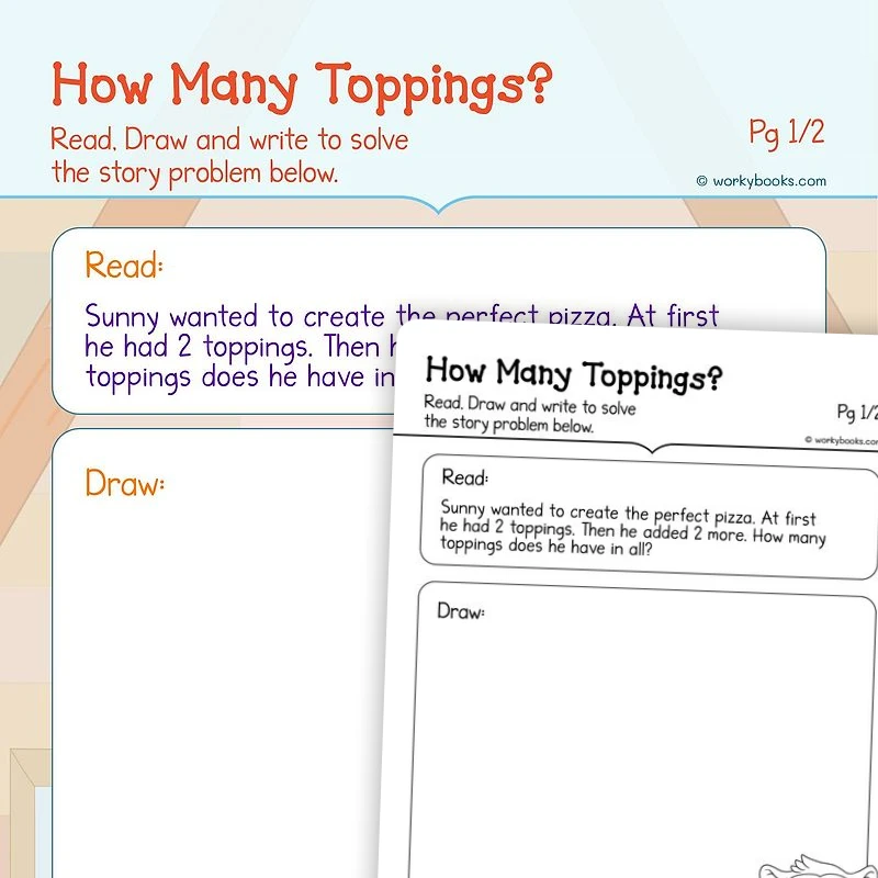 How Many Toppings—Addition Word Problem — math worksheet for Grade K, page 1 of 3