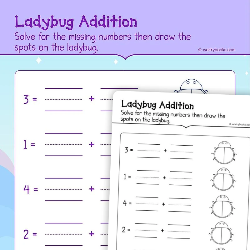 Ladybug Addition — math worksheet for Grade K, page 1 of 3
