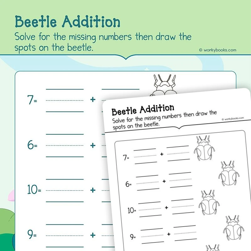 Beetle Addition — math worksheet for Grade K, page 1 of 3