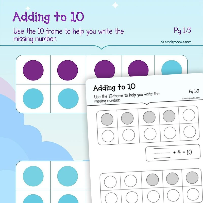 Adding to 10 (with a 10 frame) — math worksheet for Grade K, page 1 of 3