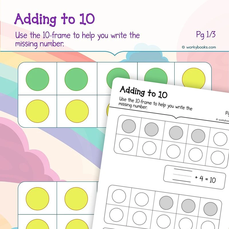 Adding to 10 3 (with a 10 frame) — math worksheet for Grade K, page 1 of 3