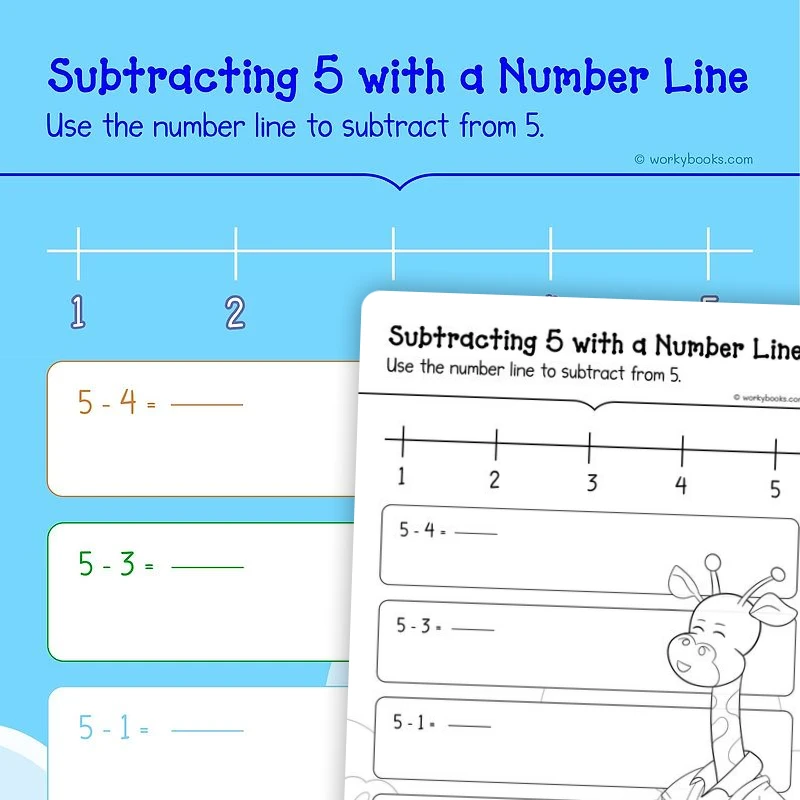 Subtracting 5 with a Number Line — math worksheet for Grade K, page 1 of 3