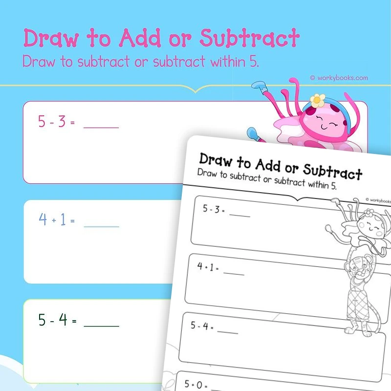 Draw to Add and Subtract — math worksheet for Grade K, page 1 of 3