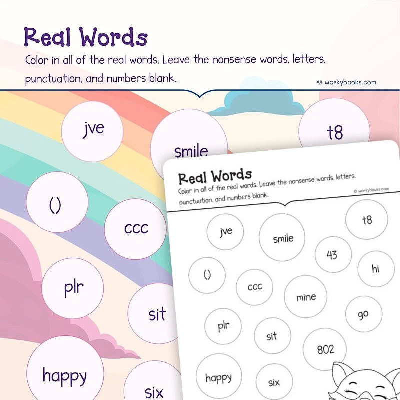 Real or Nonsense Words — ela worksheet for Grade K, page 1 of 3