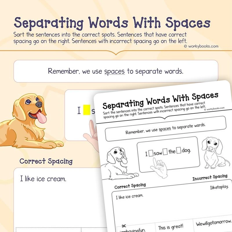 Separating Words With Spaces — ela worksheet for Grade K, page 1 of 3