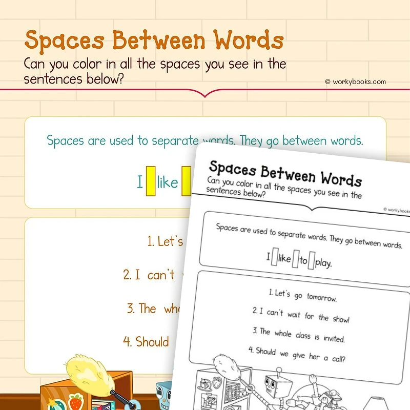 Spacing Between Words — ela worksheet for Grade K, page 1 of 3