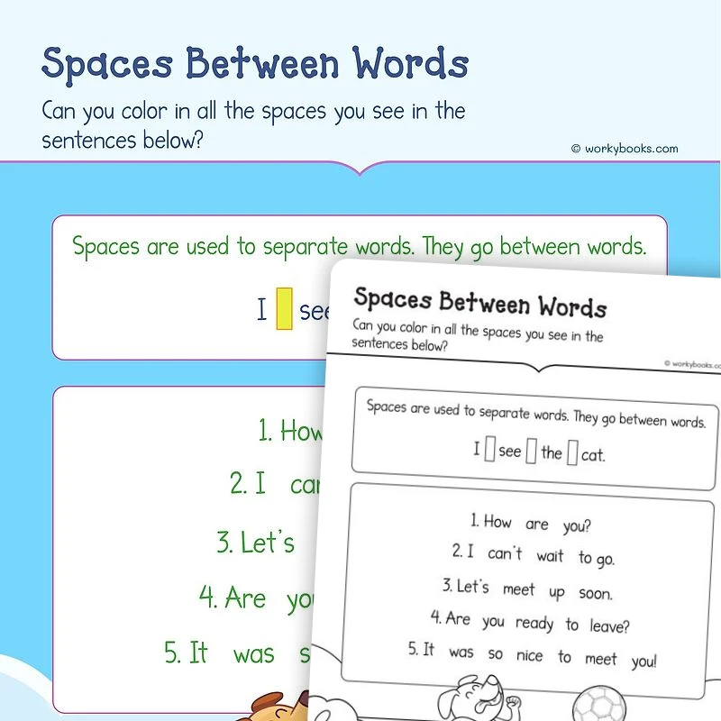 Spaces Between Words — ela worksheet for Grade K, page 1 of 3