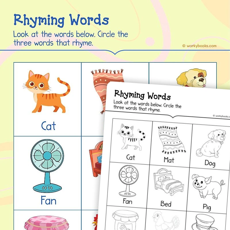 Rhyming Words — ela worksheet for Grade K, page 1 of 3