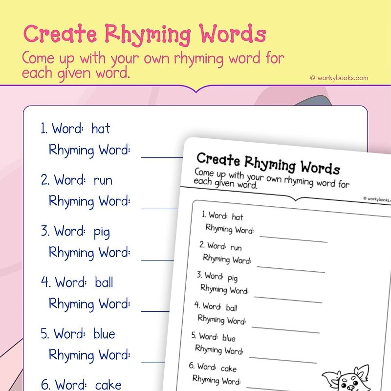 Create Rhyming Words — ela worksheet for Grade K, page 1 of 3