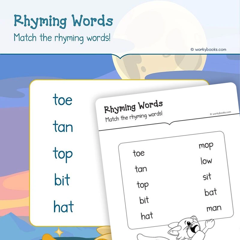 Words that Rhyme — ela worksheet for Grade K, page 1 of 3