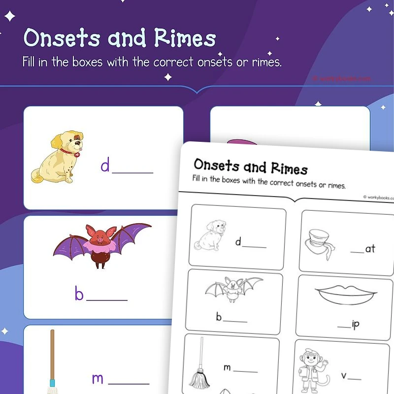 Onsets and Rimes — ela worksheet for Grade K, page 1 of 3