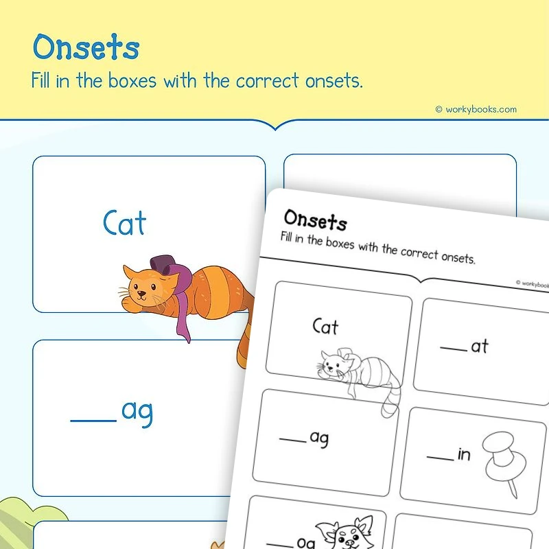 Onsets — ela worksheet for Grade K, page 1 of 3