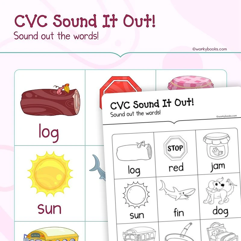 CVC Sound it Out! — ela worksheet for Grade K, page 1 of 3
