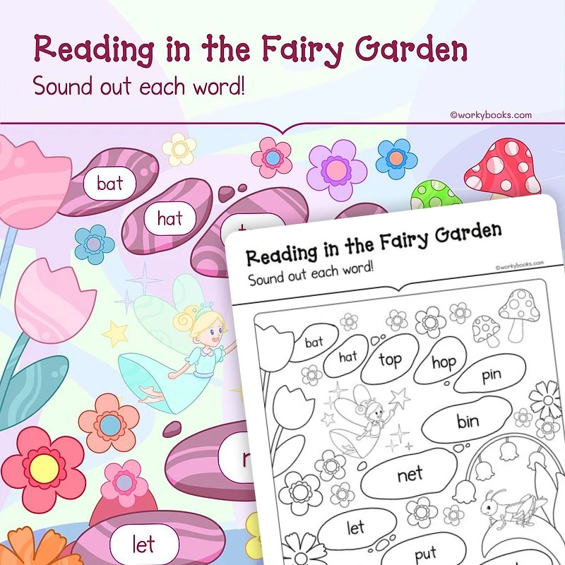 Reading in the Fairy Garden — ela worksheet for Grade K, page 1 of 3