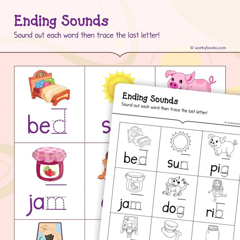 Ending Sounds - Trace Letters — ela worksheet for Grade K, page 1 of 3