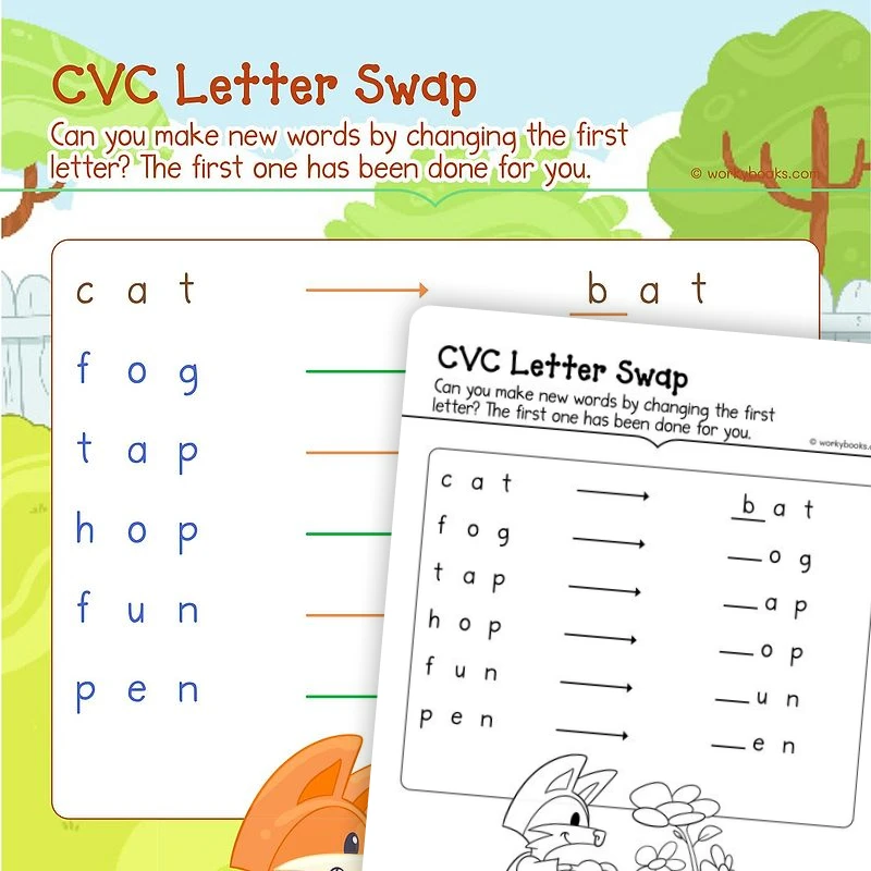 CVC Letter Swap — ela worksheet for Grade K, page 1 of 3