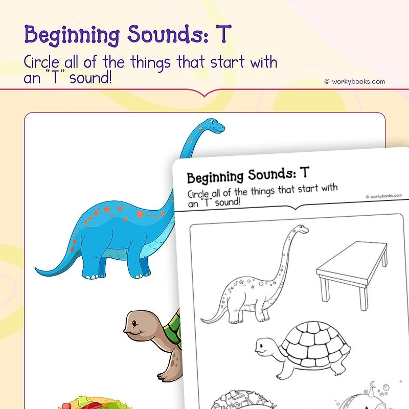 Beginning Sounds: T — ela worksheet for Grade K, page 1 of 3